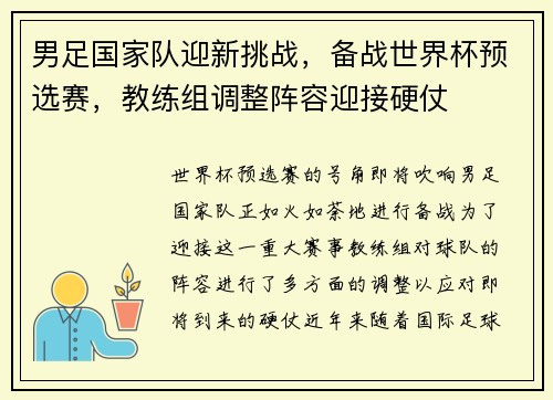 男足国家队迎新挑战，备战世界杯预选赛，教练组调整阵容迎接硬仗